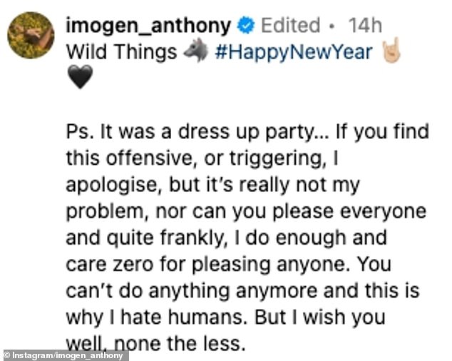 In a statement on Wednesday, she said: 'It was a fancy dress party... If you find this offensive or triggering I apologize but it's really not my problem nor can you please everyone and honestly I do enough and care zero about pleasing anyone