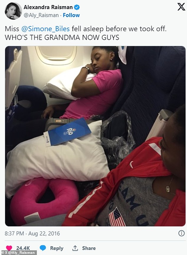 Simone's fellow teammate gymnast Aly Raisman previously posted a photo of Simone sleeping on the plane back to the United States from the 2016 Rio Summer Olympics on X