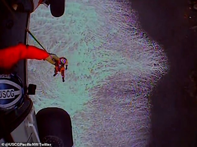 Fending off is the only way to access the rocky coast where Leo was stranded - the coastguard officer descended into the water before swimming to shore