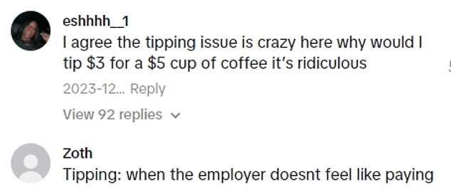 People online flooded the comments section and echoed the 23-year-old's views, adding that tipping is 'crazy'