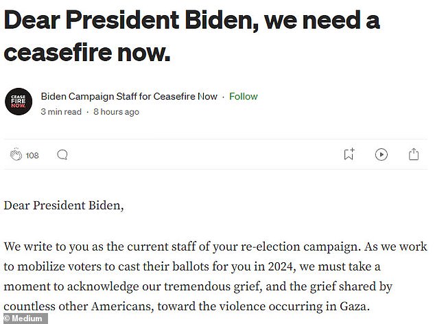 President Biden was hit again from within his Cabinet after a group of seventeen current Biden campaign staffers published a letter criticizing Biden for his 'tough love' approach to the Israel-Hamas war