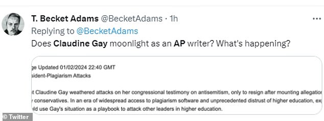 Journalist T. Becket Adams went to x and asked if Gay had a second job as a journalist for AP because of the headline