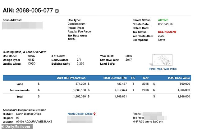 The 46-year-old also got a three-bedroom apartment in Calabasas, which he bought with Kim for $1.6 million in August 2017.  In 2023, he stopped paying taxes, which totaled $19,939.