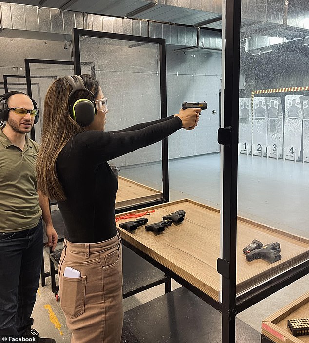 Her most recent social media post (pictured) showed her practicing her shooting skills at a shooting range as she called on people to 'get out your guns'