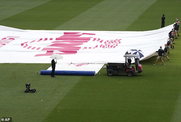 In the photo, grounds workers cover the wicket as rain begins to fall on the second day of the Australia-Pakistan cricket test match in Sydney,