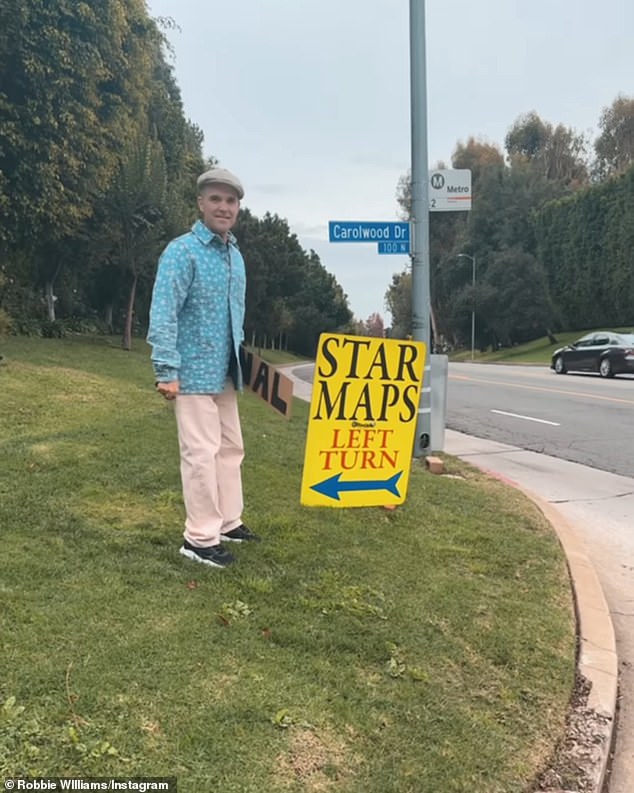 The day before he temporarily destroyed another sign.  Once again on Instagram, Robbie posted a video of himself approaching a yellow sign that read 'Star Charts Turn Left'