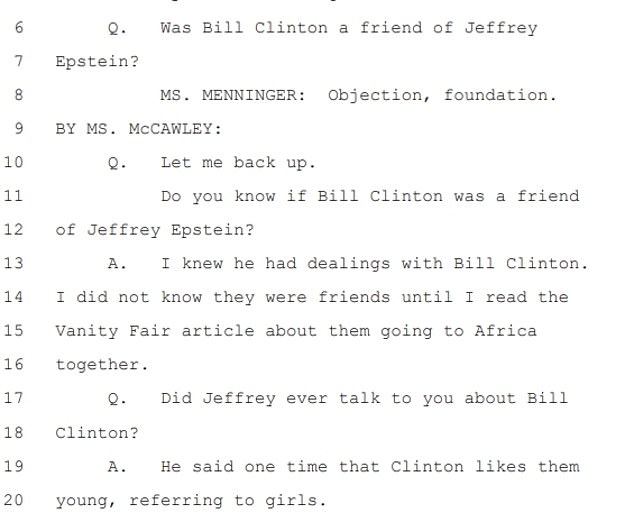 The unredacted statement from Johanna Sjoberg, who told lawyers that Epstein told her that Clinton 'likes them young'