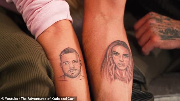 Katie also got ink as a tribute to her loved ones, with her children's names on her wrist and her fiancé Carl Woods' face and name on her arm - and in return he also gets her portrait