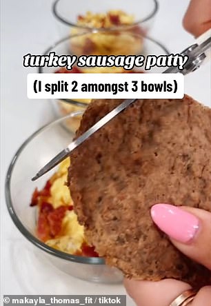 Thomas topped the eggs with pieces of bacon and turkey sausage patties, which she cut into small pieces and distributed evenly among the bowls