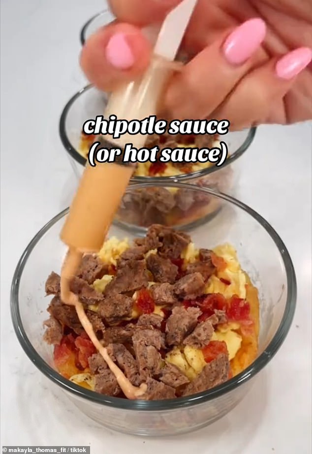 The content creator used a plastic syringe to drizzle chipotle sauce over it, but she noted in the on-screen text that you can also try hot sauce