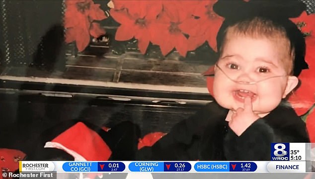 Ms Jean (pictured above as a baby) was diagnosed with a genetic lung problem when she was just six months old.  She has a mutation in a gene that prevents her body from producing the fluid that keeps the lungs from sticking together