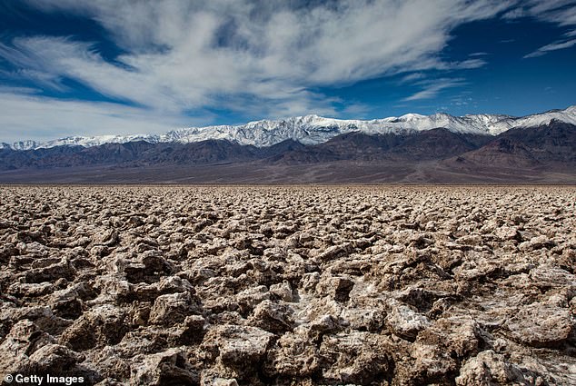 On January 17 and 18, the park could see up to four inches of snow, covering the valley for the first time in more than a century.  Pictured: the snow-capped Panamint Mountains