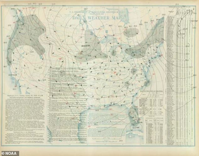 A daily weather map from January 29, 1922 shows the storm system that brought the last recorded amount of measurable snow (half an inch) to Death Valley