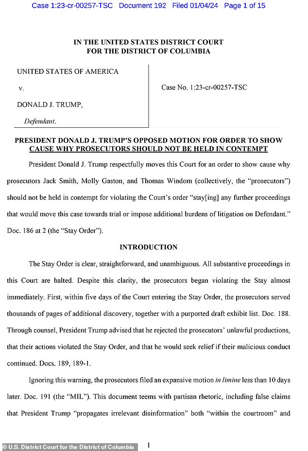 Trump's lawyers say Smith should be held in contempt for continuing to file legal papers even after Judge Tanya Chutkan ordered the pause