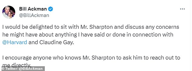 Ackman responded to Sharpton's announcement that he and the National Action Network planned to protest his New York office on Thursday