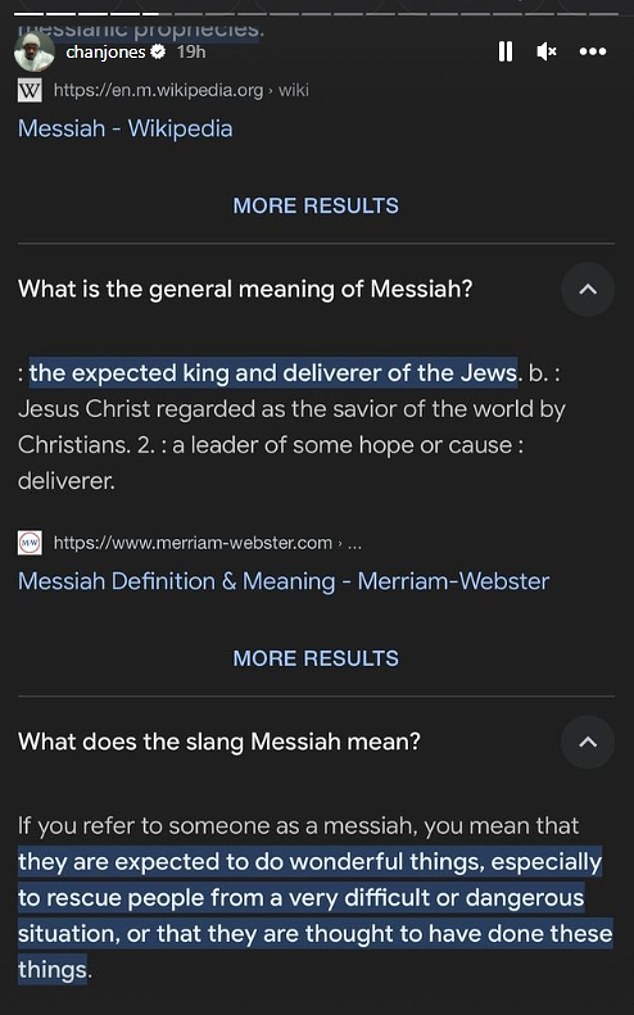 In the post preceding the clip of Jones getting inked, he shared the definition of the word Messiah