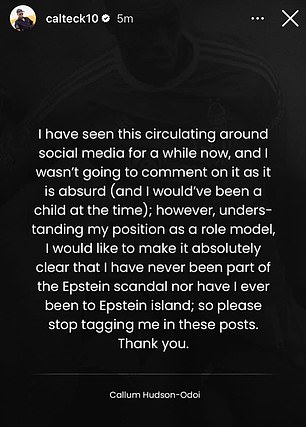 The 23-year-old Nottingham Forest star made it clear on Instagram on Thursday that he has never been linked to Epstein