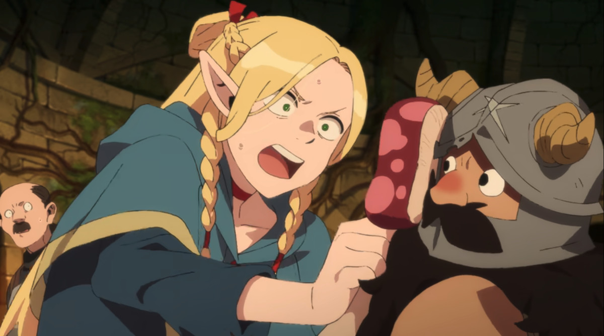 Marcille, the half-elf mage, angrily shoves a mushroom slice into Senshi the dwarf's face in Netflix's Delicious in Dungeon