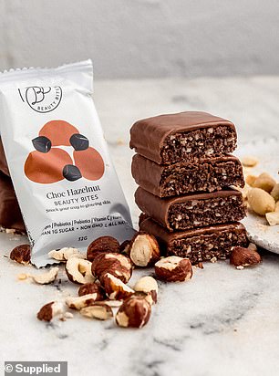 The Beauty Bites come in many flavors, including chocolate hazelnut (left) and peanut butter (right), which are said to contain 'age-defying ingredients'
