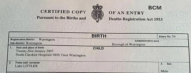 Luke Littler's birth certificate, confirming he was born in 2007 at North Cheshire Hospitals NHS Trust Warrington