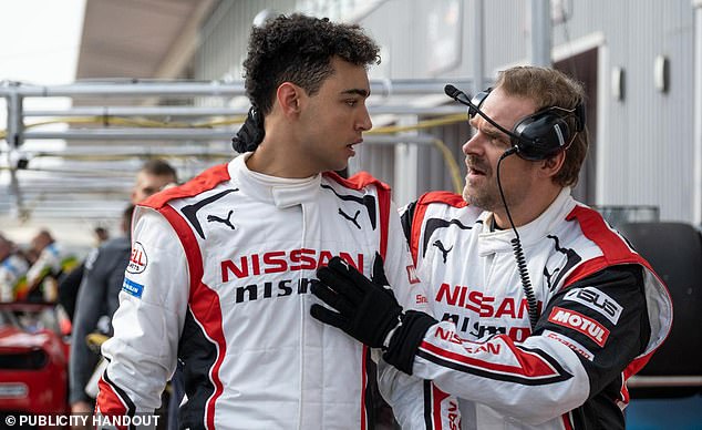 Archie Madekwe and David Harbor in Gran Turismo, based on the story of Jann Mardenborough, a racing driver who started driving on his PlayStation