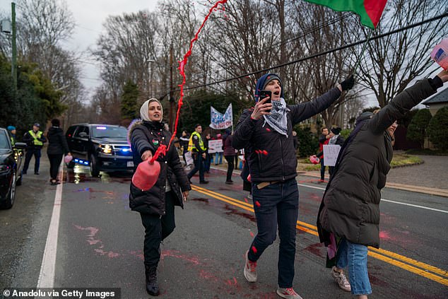 Protesters throw fake blood in the street in front of Blinken's SUV