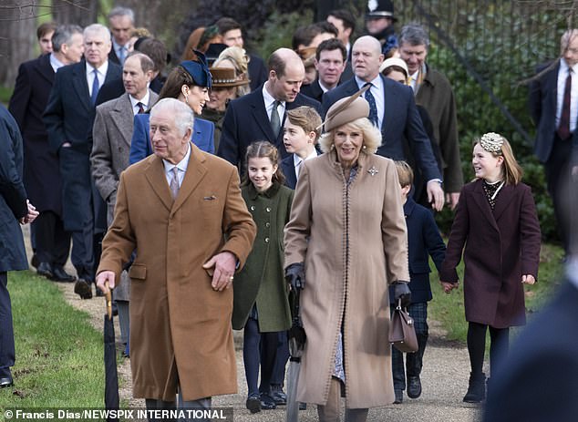 Prince Andrew pictured in the background alongside the rest of the royal family as they attended the traditional Christmas Day service at the Sandringham estate last month