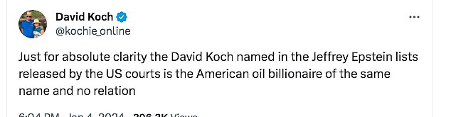 Koch tweeted that he had no connection to the recently released court documents