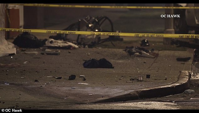 Scattered debris and bloodstains at the site of the fatal crash