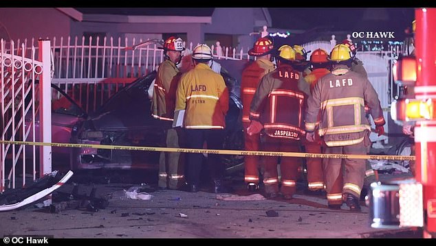 The Los Angeles Fire Department responds to the scene of a crash that was so loud that neighbors thought it was an explosion