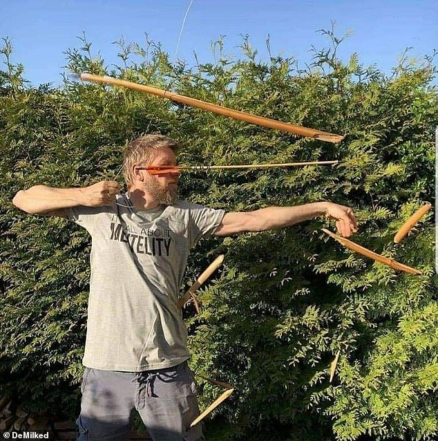 An archer seemed to misjudge where he was shooting and apparently decided the best spot was directly into a tree