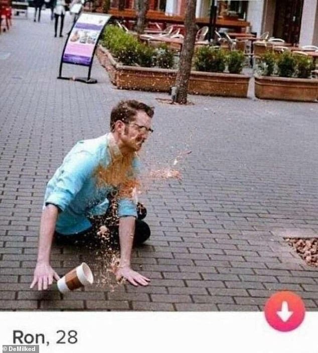 Ron clearly enjoyed this unfortunate photo of him falling and covering himself with his own takeaway coffee - so much so that he added it to his dating app profile