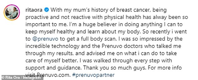 Rita wrote: 'I'm a big believer in doing everything I can to keep myself healthy and learn more about my body.  So recently I went to @prenuvo for a full body scan'