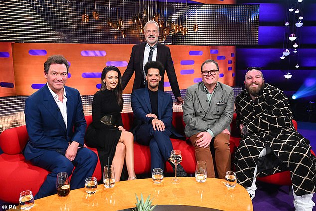 Dominic appeared on Graham's famous red sofa with (L-R): Michelle Keegan, Game Of Thrones' Jacob Anderson, Alan Carr and American singer-songwriter Teddy Swims