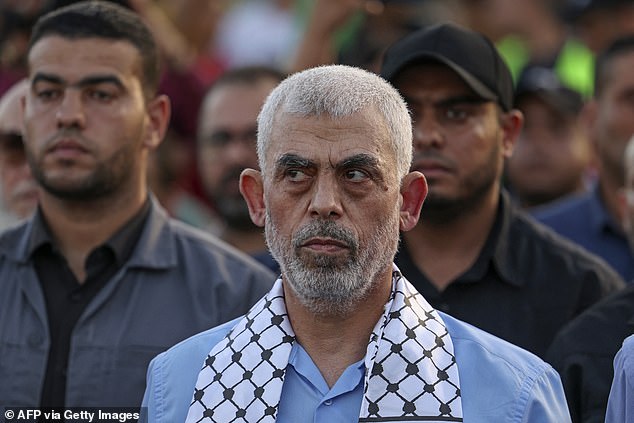 Israel has pledged to track down all Hamas leaders responsible for the October 7 terrorist attack.  Pictured: Yahya Sinwar, head of the political wing of the Palestinian Hamas movement in the Gaza Strip, attends a rally in support of Jerusalem's al-Aqsa Mosque in Gaza City in 2022