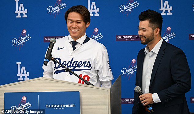 In addition to Ohtani, the Dodgers also added Japanese pitcher Yoshinobu Yamamoto (left).