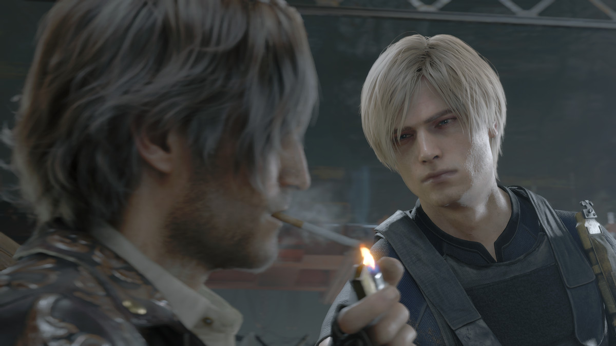 Leon looks softly at Luis as he lights his cigarette.  Maybe there is love in his eyes.