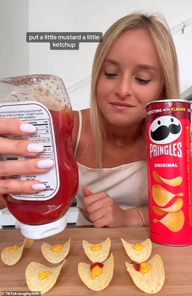 Another woman is seen putting mustard and ketchup on pringles and mentioning #ratsnack in the caption