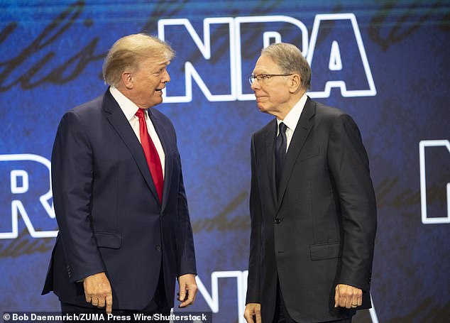 LaPierre, pictured at a 2022 NRA meeting with Donald Trump, is accused of siphoning off millions of dollars to pay for his lavish lifestyle