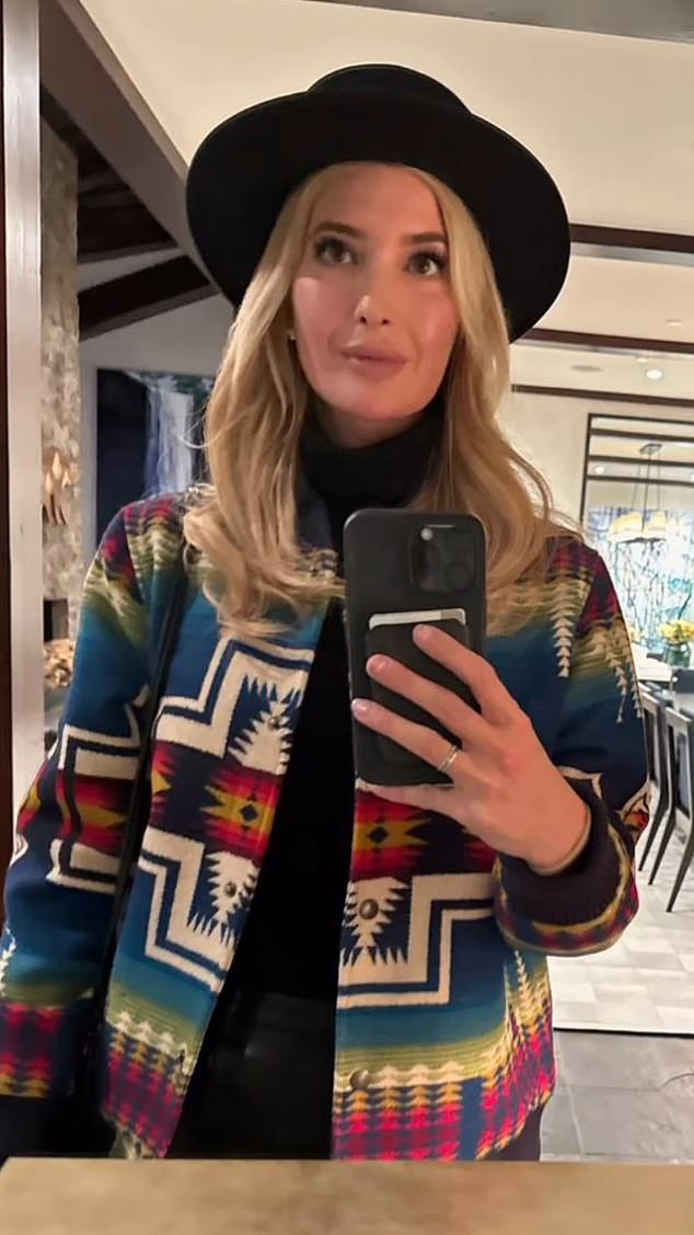 Ivanka embraced her inner ski bunny during the getaway, snapping a photo of herself wearing an Aztec print jacket over a black turtleneck