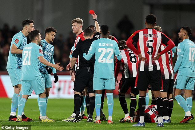 Wolves star Joao Gomes was shown a red card after just nine minutes for a rash challenge