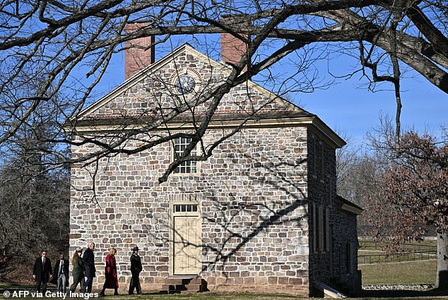 Joe and Jill Biden walk around George Washington's Valley Forge, Pennsylvania headquarters before his speech