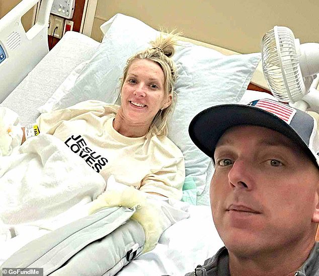 Mullins put on a brave face during the life-changing event, sharing a hospital bed selfie with her husband, DJ