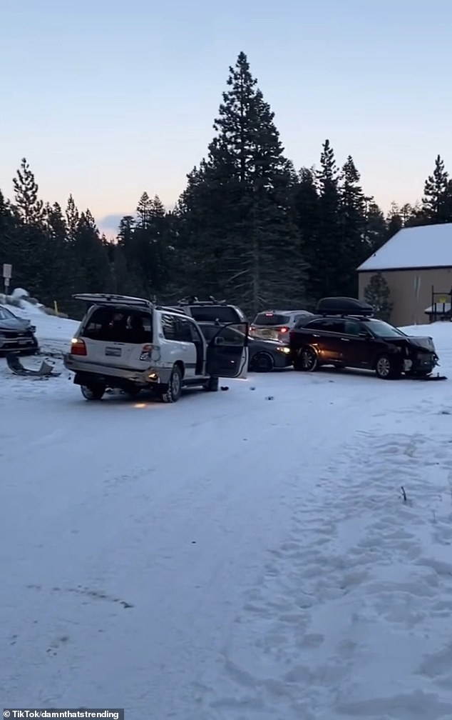 Cars plunged down a slippery hill, slamming into a growing group of crashed vehicles piling up at the bottom