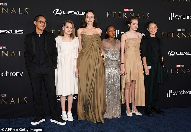 Angelina and her children (L-R) Maddox, Vivienne, Zahara, Shiloh and Knox arrive for the 2021 world premiere of 'Eternals' in Los Angeles