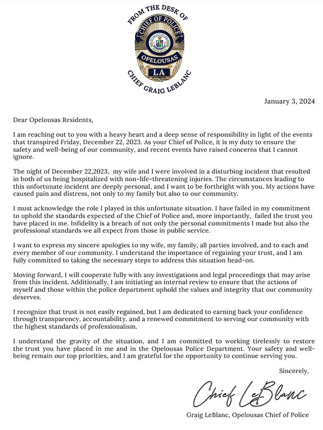 In an open letter to the community, Opelousas Police Chief Graig “Twin” LeBlanc shed some light on the “unfortunate incident” that occurred the night of Dec. 22, which the chief described as “very personal” and referenced his “disloyalty.”