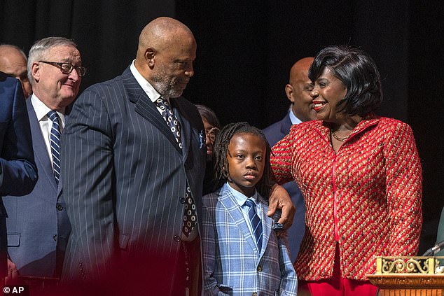 Mayor Cherelle Parker and former Mayor Jim Kenney, left, participate in the inauguration ceremony in Philadelphia on Tuesday, January 2, 2024