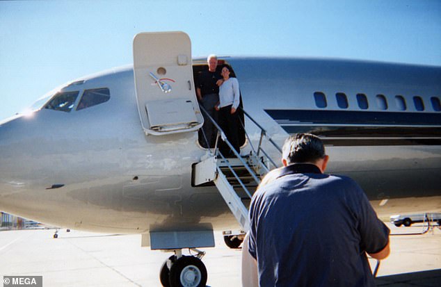 Former President Bill Clinton and Jeffrey Epstein's longtime friend Ghislaine Maxwell are seen aboard Epstein's private jet, dubbed the 'Lolita Express', in 2002.