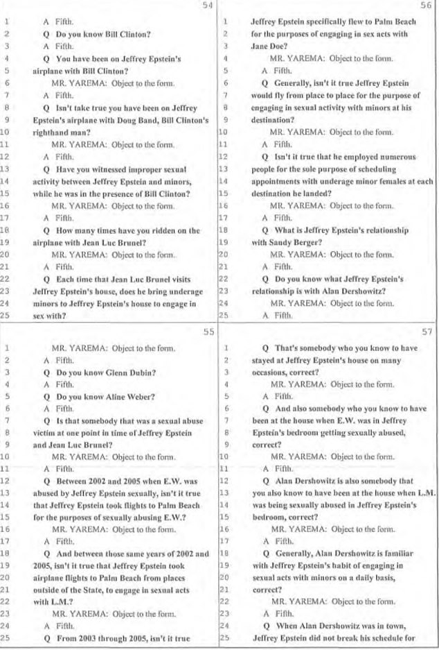 Marcinkova pleaded the fifth at least 42 times and refused to answer every question appearing in the recently unsealed partial transcript