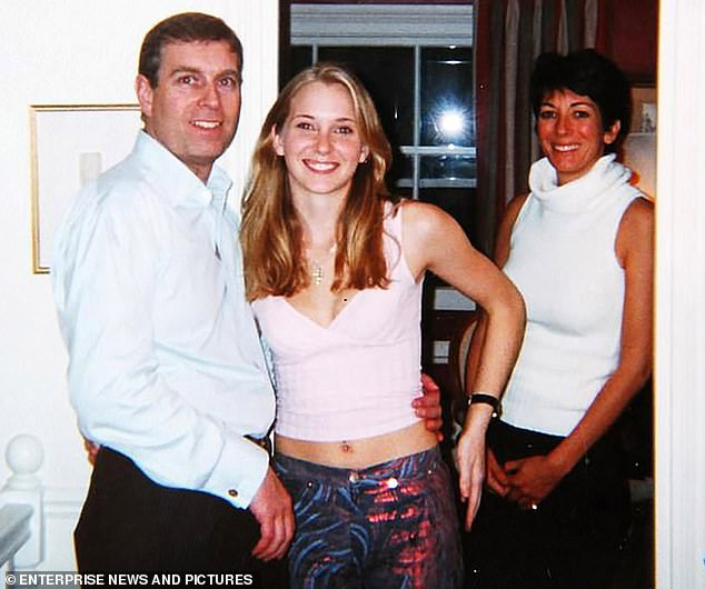 Prince Andrew pictured with Victoria Giuffre (then Roberts) in London in 2001, next to Ghislaine Maxwell